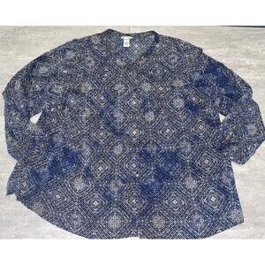 Catherine's Sz 2X 22/24 Blue Beige Medallion Roll-Tab Button-Down Career Work